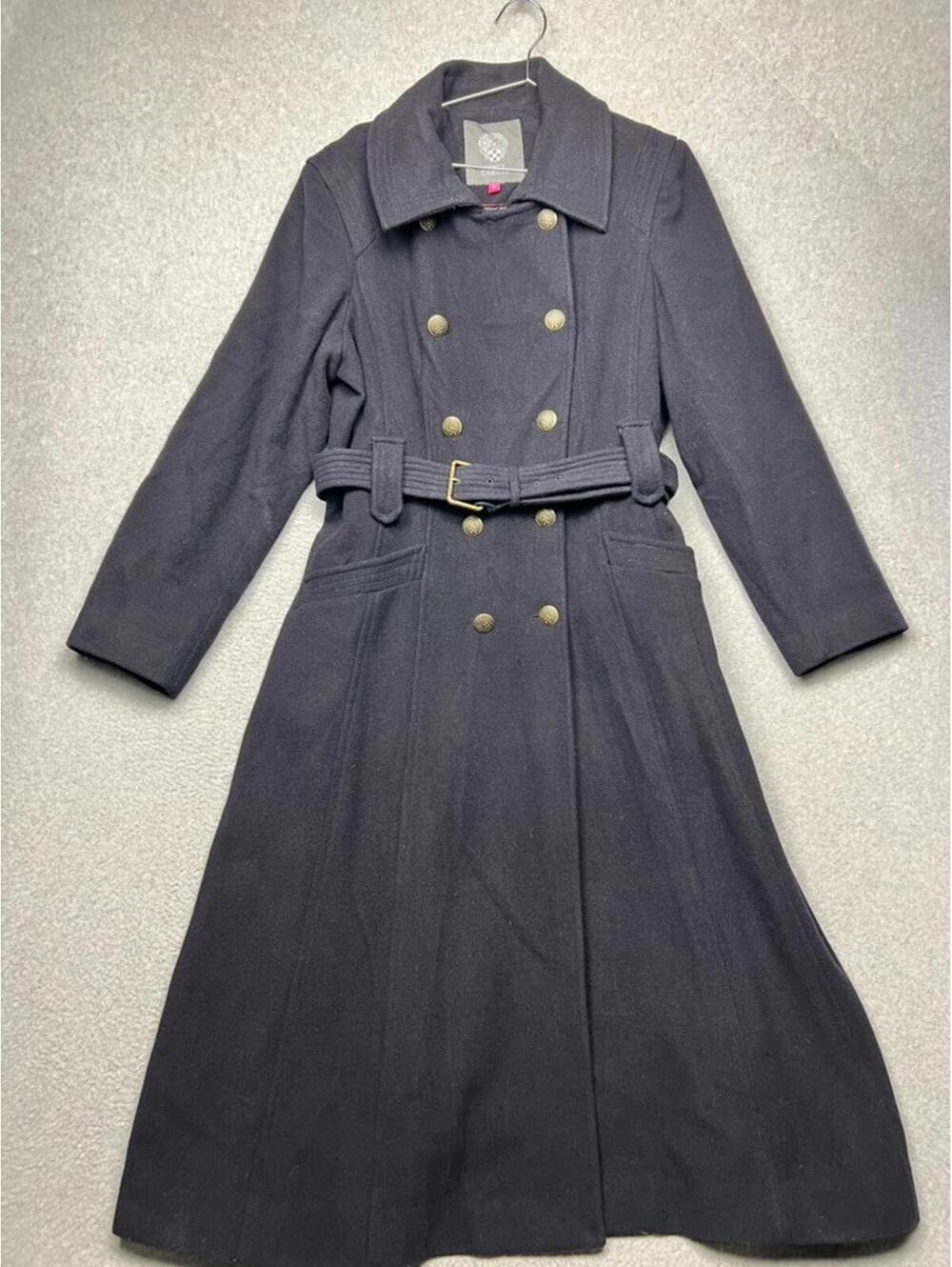 Vince Camuto Wool Peacoat Belted Maxi Coat XL Navy Trench Military Gold Buttons